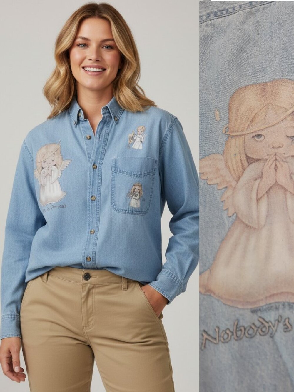 Vtg 90s Ruth Moorhead angels denim shirt - Outrageous Sports brand